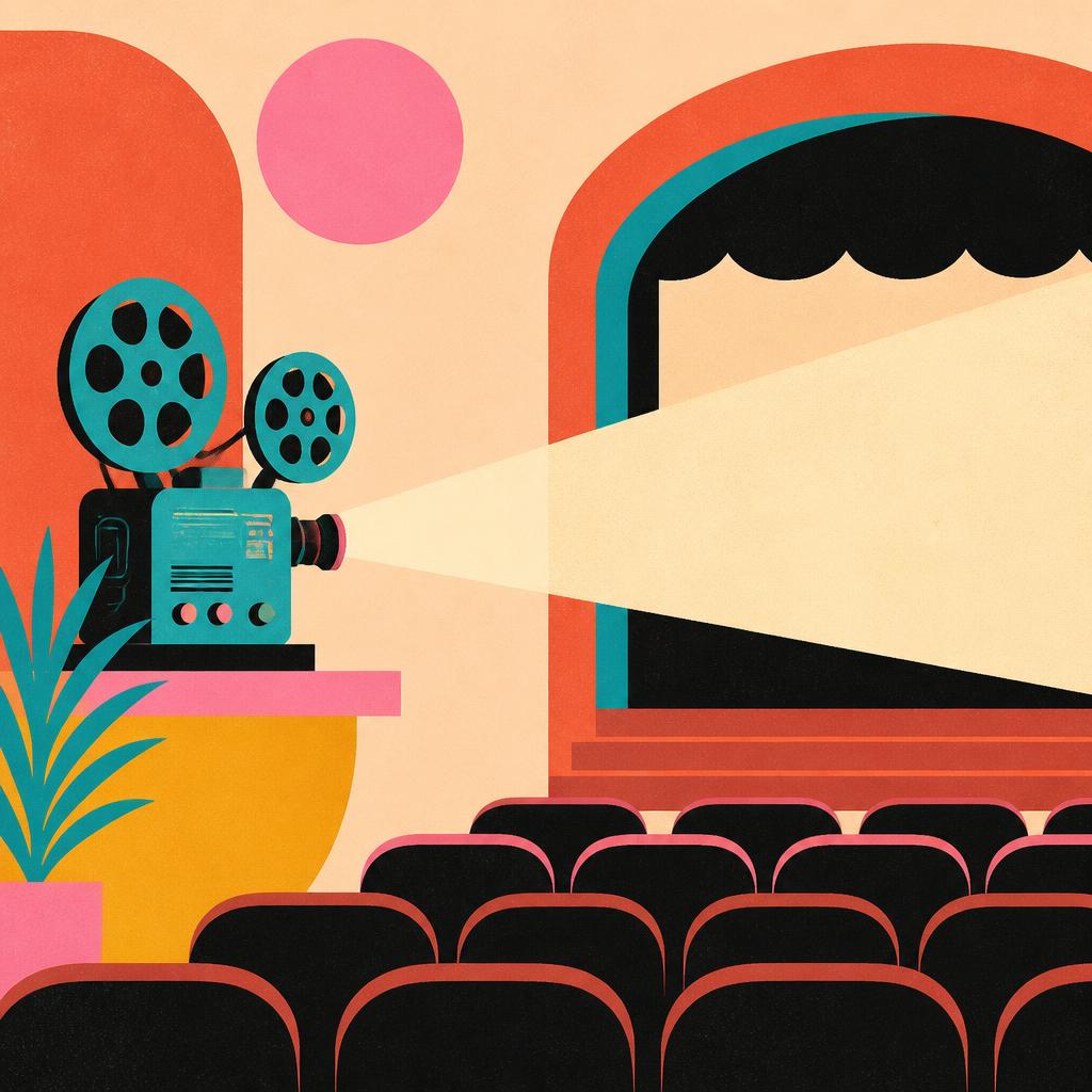 Illustration of a film projector beaming light across an empty cinema
