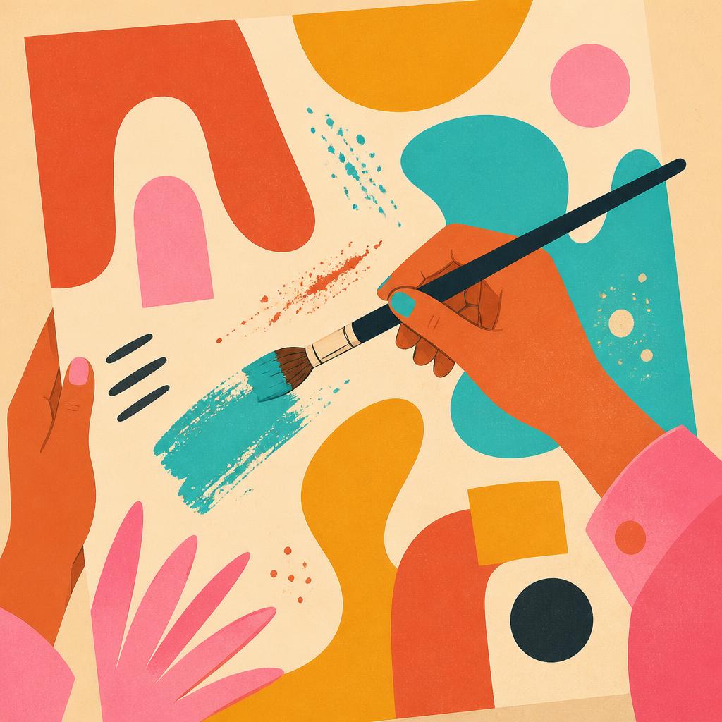 Illustration of hands painting an abstract canvas in coral, mustard and turquoise